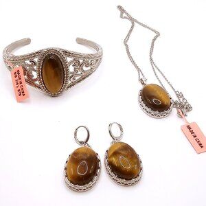 Jewelry Set Oval Tigers Eye Necklace Earrings Bracelet S/S 316L Stainless Steel